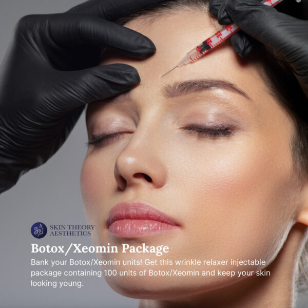 Woman getting an injecatble of botox with text: Botox/Xeomin package Bank your Botox/Xeomin units! Get this wrinkle relaxer injectable package containing 100 units of Botox/Xeomin and keep your skin looking young.