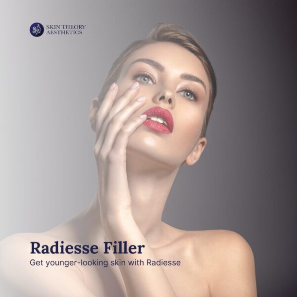 A beautiful model with text Radiesse Filler Get younger-looking skin with Radiesse