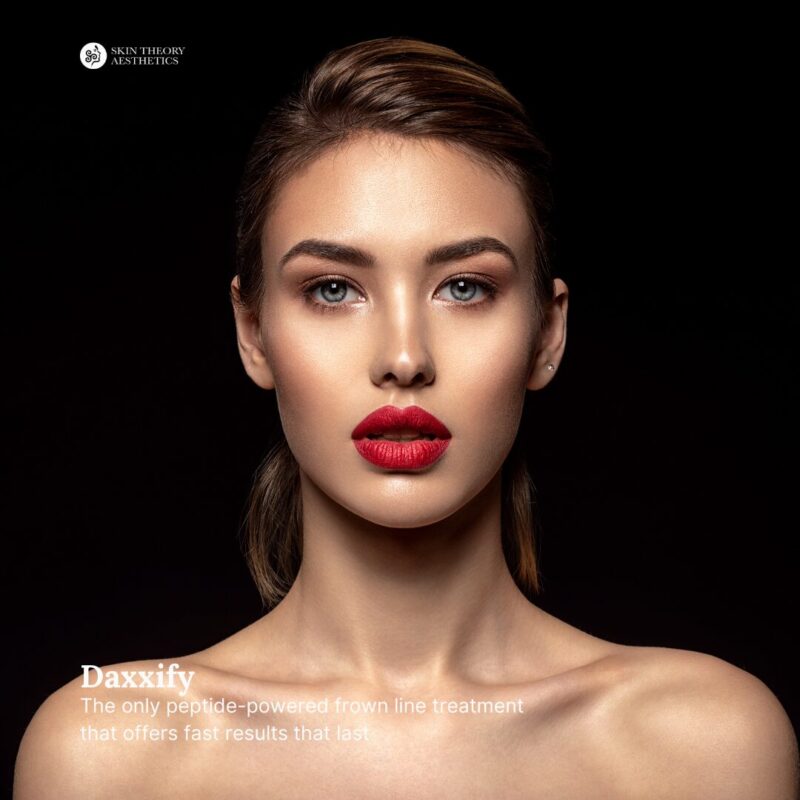 Beautiful woman face model with text: Daxxify: The only peptide-powered frown line treatment that offers fast results that last